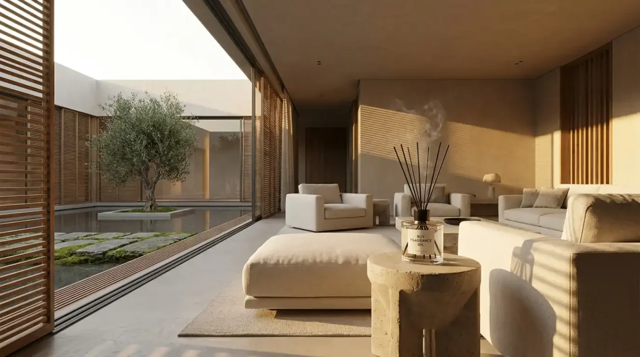 An elegant Buy Fragrance Oil glass diffuser in a sun-drenched minimalist wellness lounge overlooking an interior courtyard pool.
