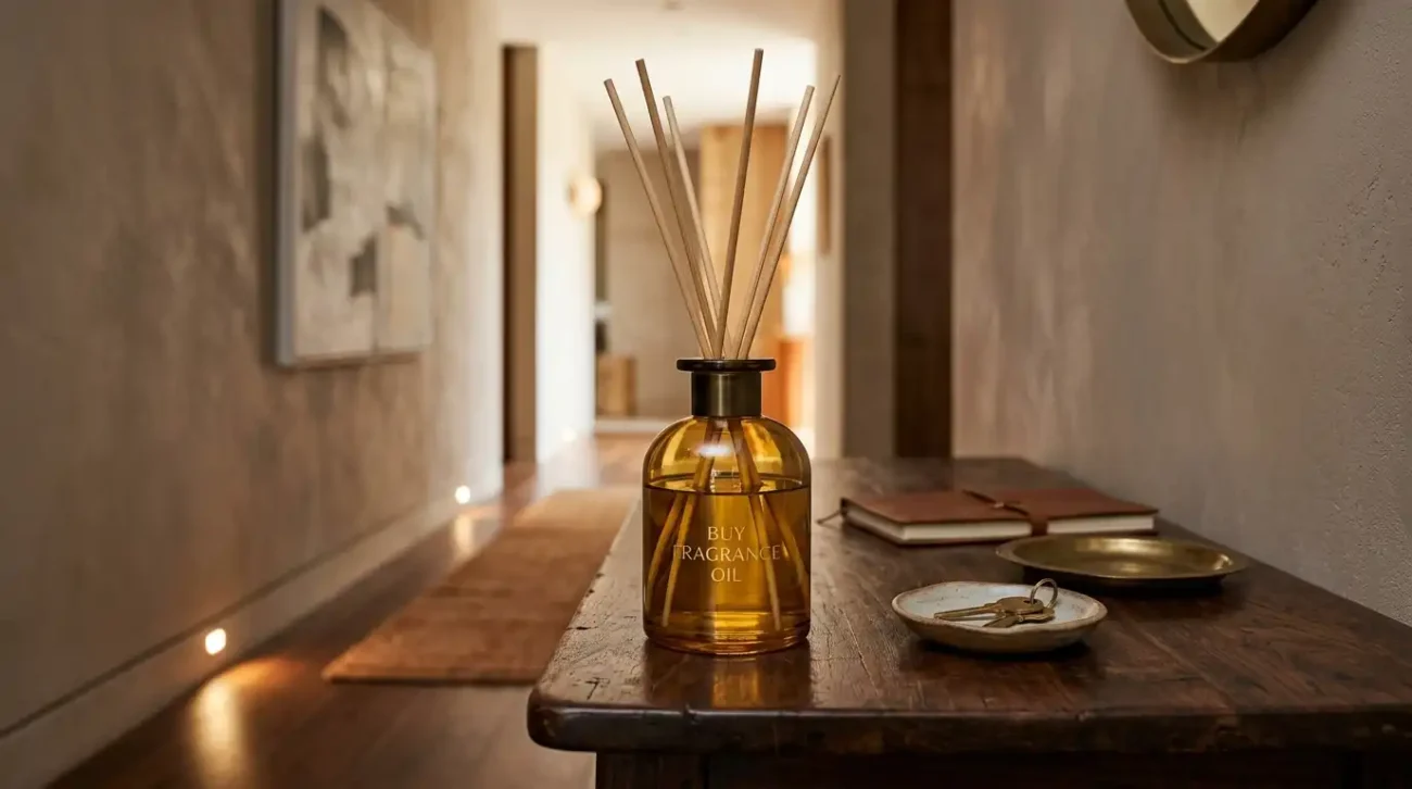Sophisticated ambient room diffuser on a dark walnut table in a warm, dimly lit luxury corridor.