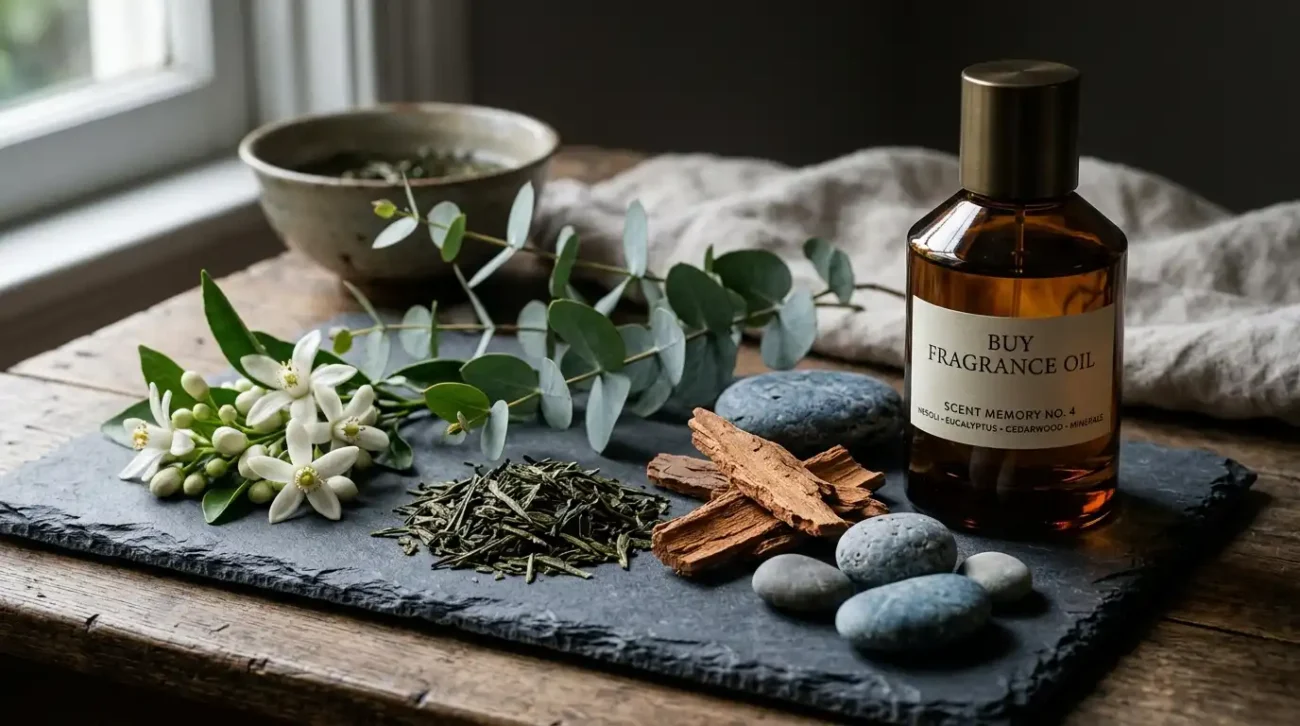 Neroli blossoms, eucalyptus, green tea, cedarwood, and coastal minerals arranged next to an amber glass scent bottle.