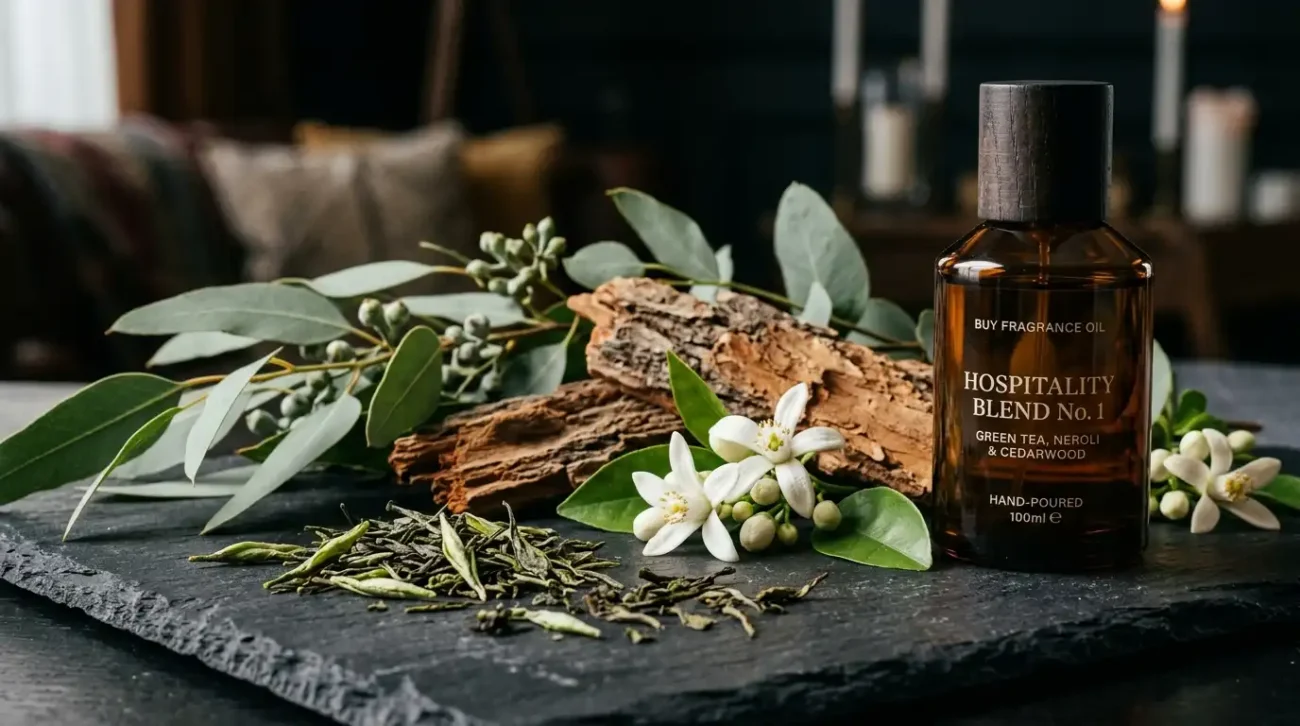 Green tea leaves, eucalyptus, cedarwood, and neroli blossoms arranged next to an amber fragrance bottle on a slate surface.
