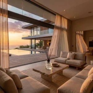Indoor Outdoor Living and Sensory Flow An elegant Buy Fragrance Oil diffuser on a travertine table in an open-concept luxury villa with seamless indoor-outdoor transition to a terrace and pool.