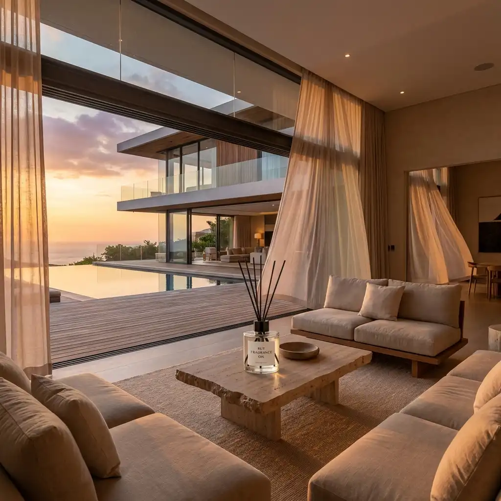 Indoor Outdoor Living and Sensory Flow An elegant Buy Fragrance Oil diffuser on a travertine table in an open-concept luxury villa with seamless indoor-outdoor transition to a terrace and pool.