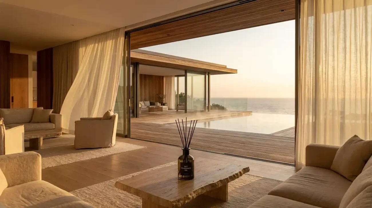 An elegant Buy Fragrance Oil diffuser on a travertine table in an open-concept luxury villa with seamless indoor-outdoor transition to a terrace and pool.