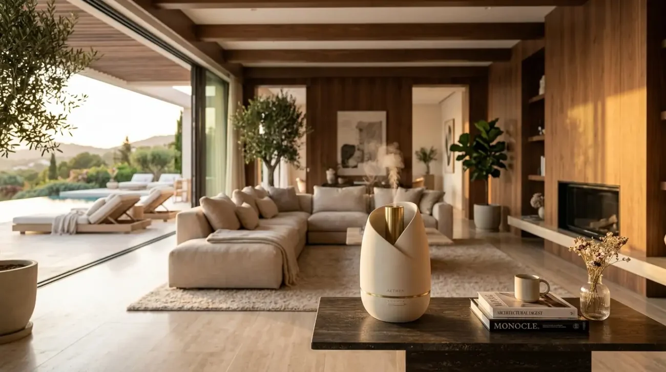 Minimalist ambient fragrance device in a modern luxury villa living room blending into an outdoor terrace
