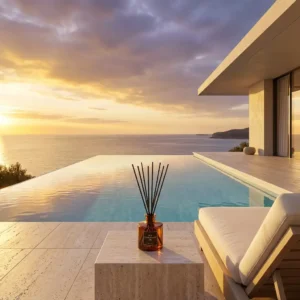 Infinity Pool Atmosphere Psychology. An elegant Buy Fragrance Oil glass diffuser on a travertine side table next to a luxury infinity pool blending into a coastal sunset view.
