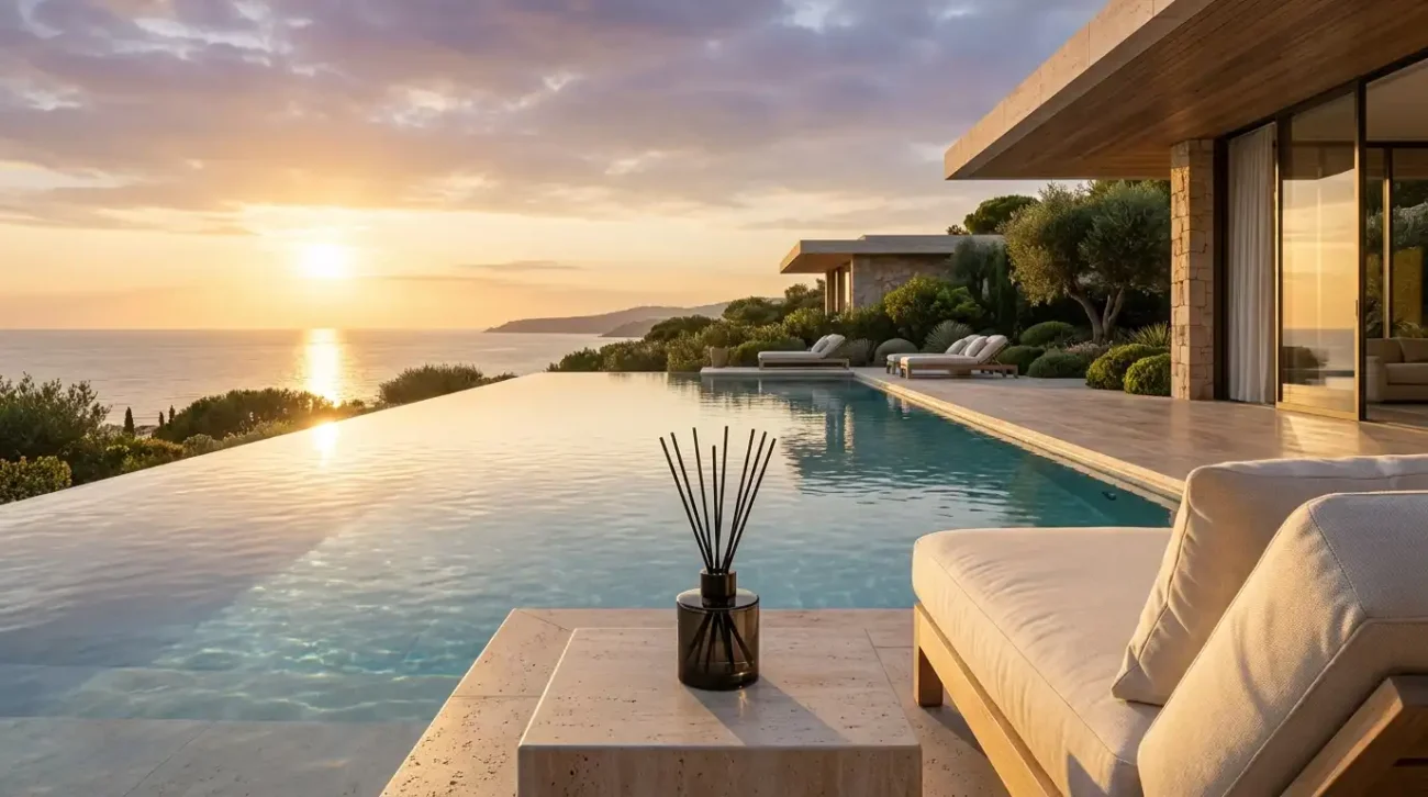 An elegant Buy Fragrance Oil glass diffuser on a travertine side table next to a luxury infinity pool blending into a coastal sunset view.