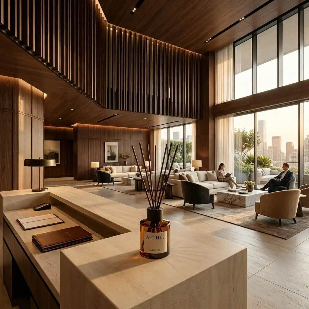 How Luxury Hospitality Design Uses Fragrance to Shape Emotional Experience. luxury hospitality fragrance design. A minimalist ambient scent diffuser on a travertine reception desk in a grand, sunlit luxury boutique hotel lobby.