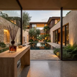 Arrival Experience Design in Luxury Hospitality Homes Elegant Buy Fragrance Oil diffuser on a stone console in a grand luxury home entrance opening to a courtyard.