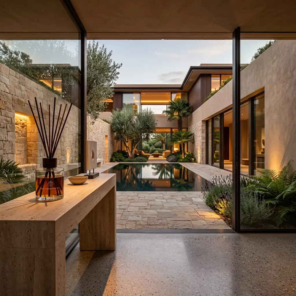 Arrival Experience Design in Luxury Hospitality Homes Elegant Buy Fragrance Oil diffuser on a stone console in a grand luxury home entrance opening to a courtyard.