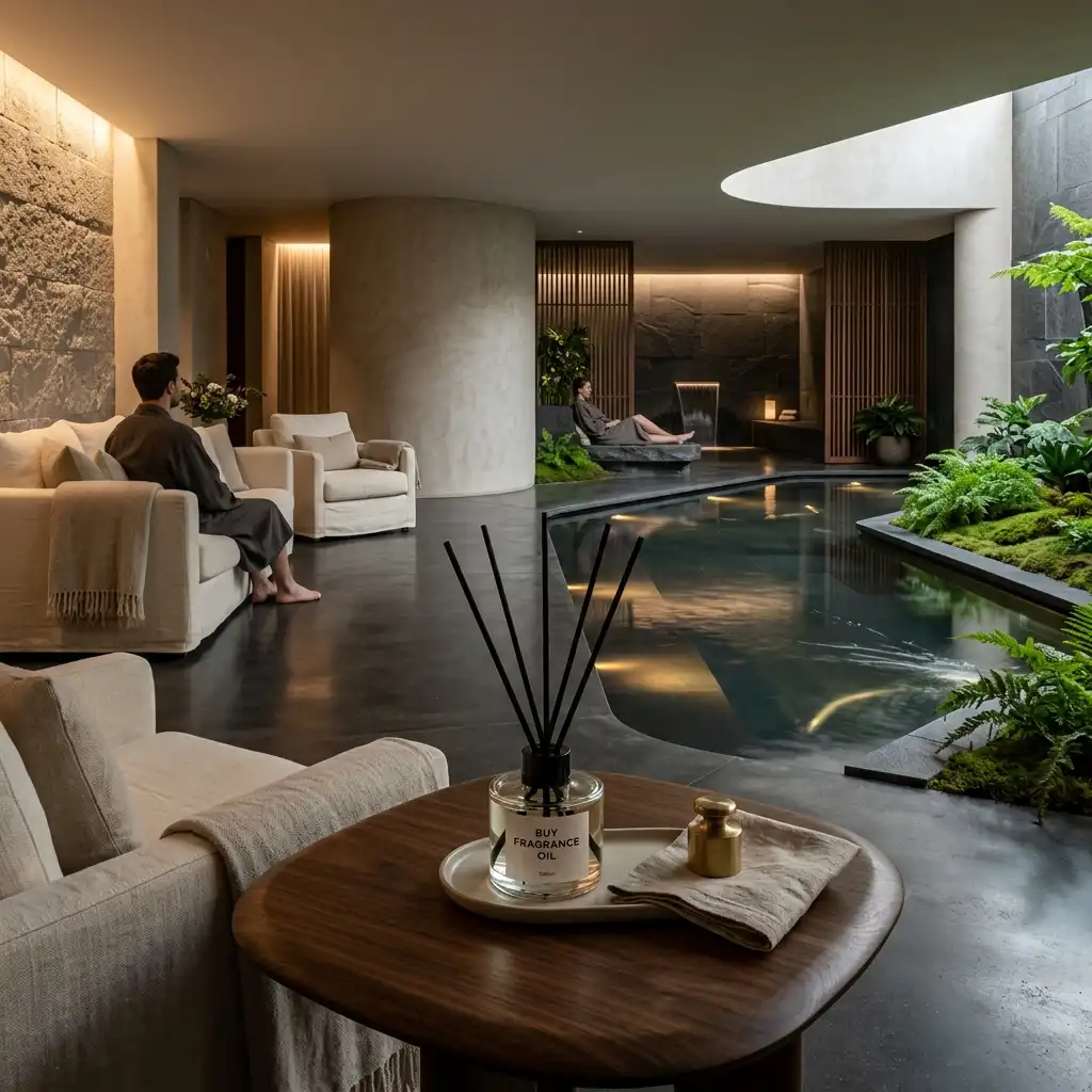 luxury spa atmosphere design. Minimalist Buy Fragrance Oil diffuser on an organic wooden table in a luxury spa transition area.