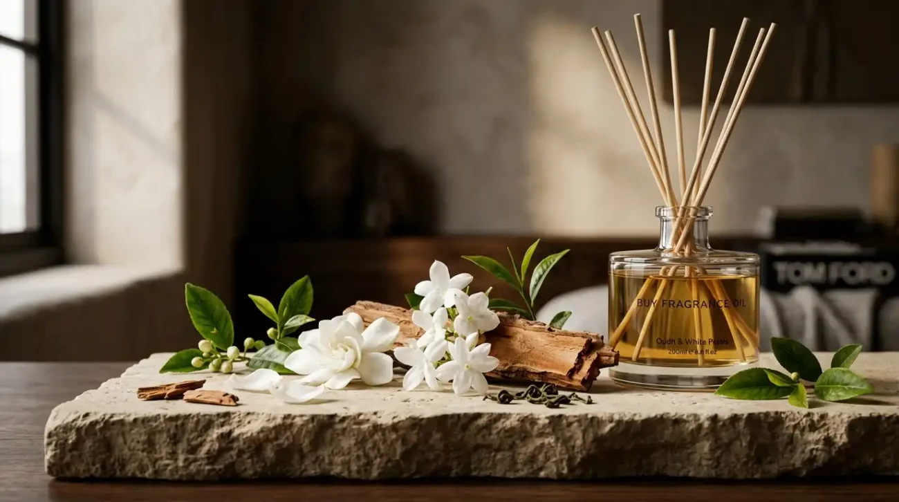 White florals, cedarwood, and tea leaves arranged next to a minimalist ambient fragrance diffuser on a stone plinth.