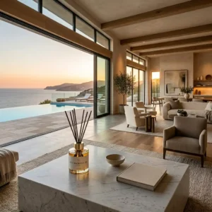 How Luxury Villas Use Ambient Fragrance to Shape Guest Experience .A minimalist signature glass diffuser on a marble table in a breathtaking open-concept luxury villa at golden hour.