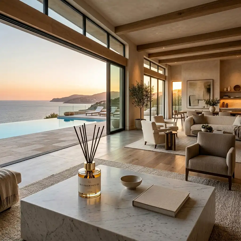 How Luxury Villas Use Ambient Fragrance to Shape Guest Experience .A minimalist signature glass diffuser on a marble table in a breathtaking open-concept luxury villa at golden hour.