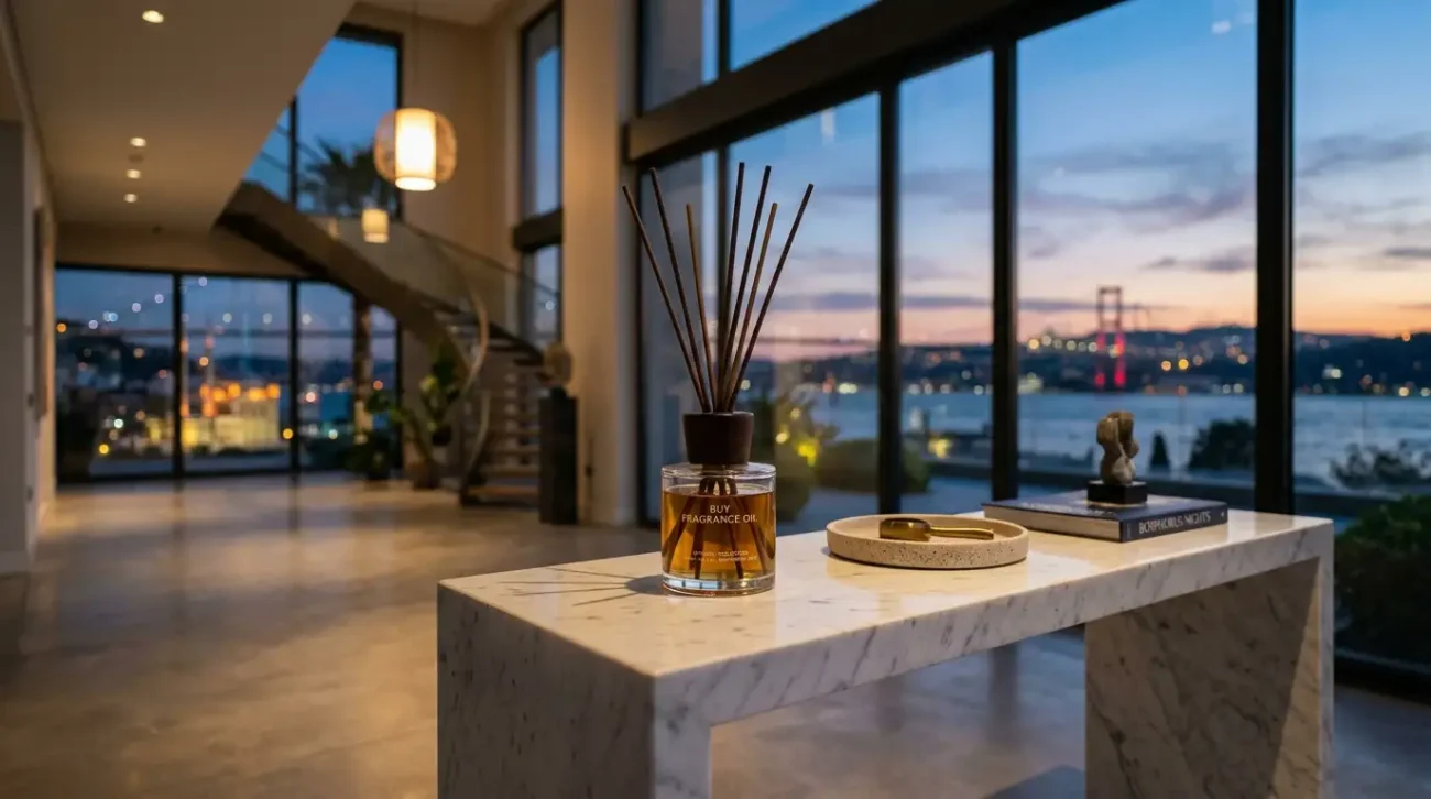 Elegant scent diffuser on a marble console in a luxury villa entryway overlooking the Bosphorus.