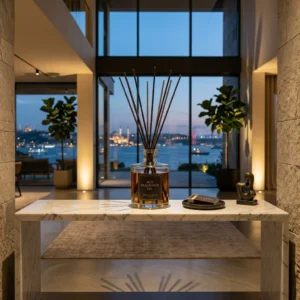 Elegant scent diffuser on a marble console in a luxury villa entryway overlooking the Bosphorus.