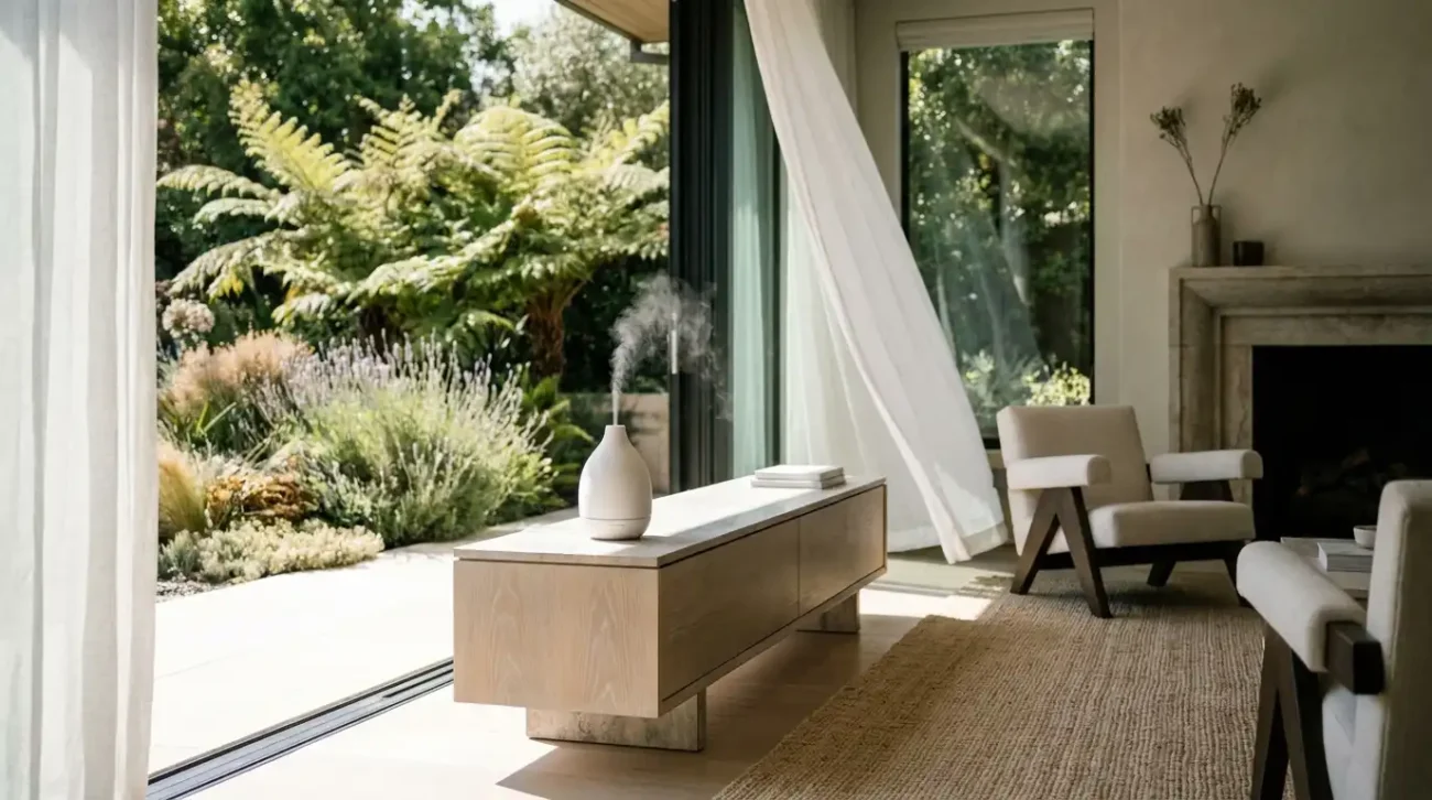 A sculptural ceramic diffuser on a console table in a luxury home wellness lounge that opens completely to a sunlit sensory garden.
