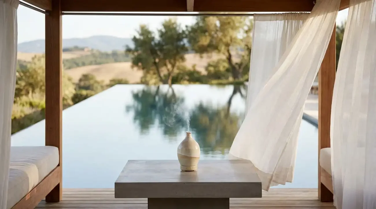 A sculptural ceramic diffuser on a low concrete table inside a shaded outdoor pavilion opening to a luxury infinity pool.