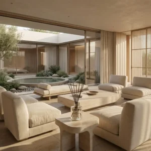 Private Sanctuary Living Concepts. An elegant Buy Fragrance Oil glass diffuser in a minimalist residential meditation lounge overlooking an interior reflection pool.