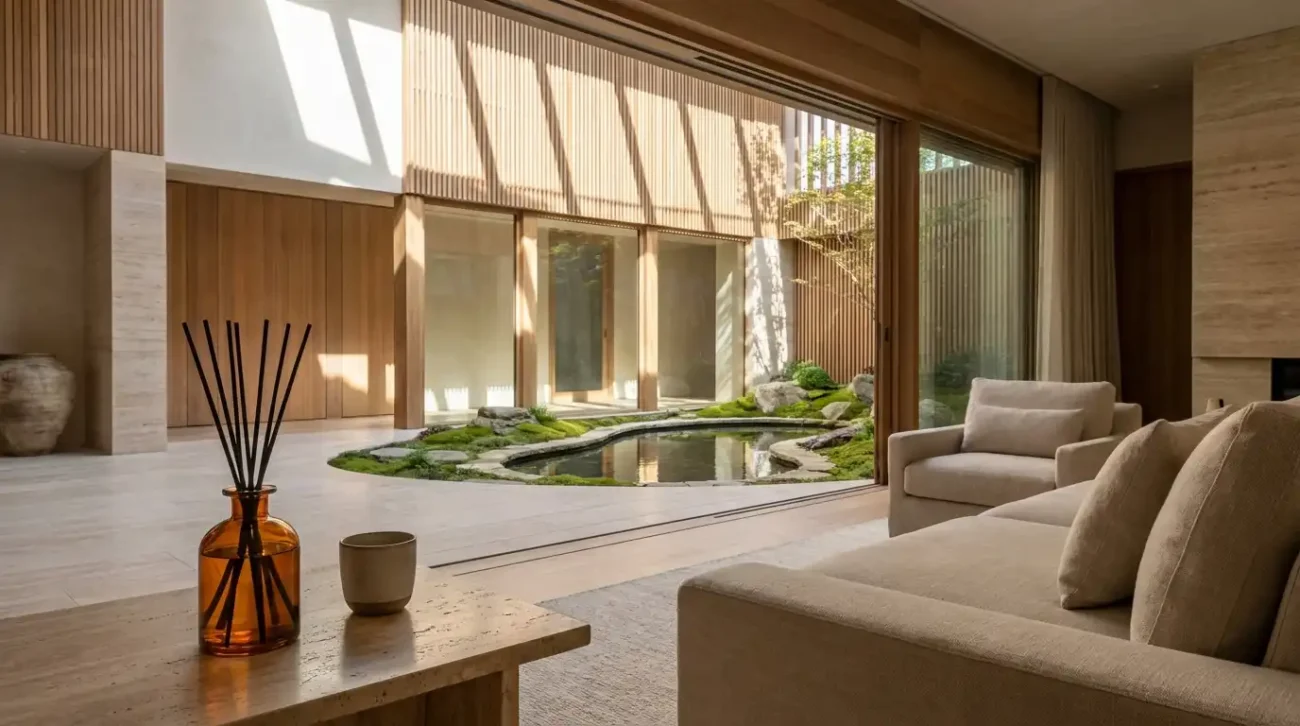 An elegant Buy Fragrance Oil glass diffuser in a minimalist residential meditation lounge overlooking an interior reflection pool.
