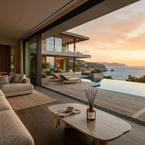 The Rise of Resort-Inspired Living in Modern Luxury Homes A minimalist ambient diffuser on a stone table in a luxury home with seamless indoor-outdoor living and an infinity pool.