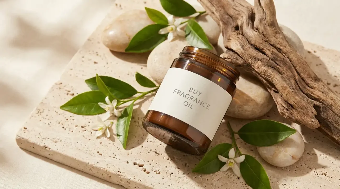 Coastal mineral stones, green tea leaves, neroli blossoms, and driftwood next to a Buy Fragrance Oil amber bottle on travertine.