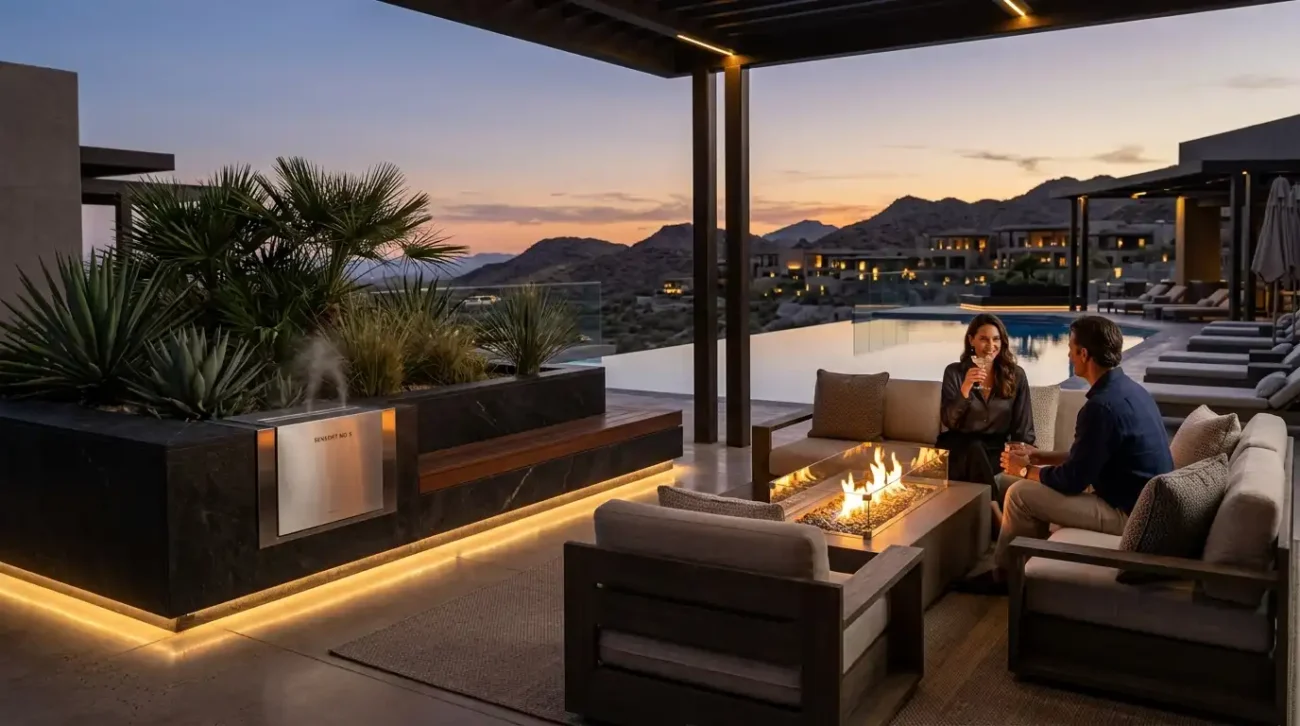 A sculptural ceramic room diffuser in a serene, tactile wellness lounge inside a 5-star luxury retreat.