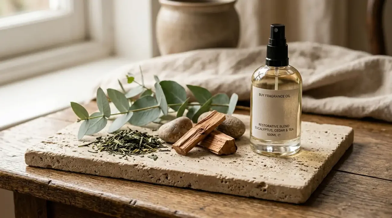 Eucalyptus, tea leaves, warm woods, and mineral stones arranged next to a luxury room spray on a travertine surface.