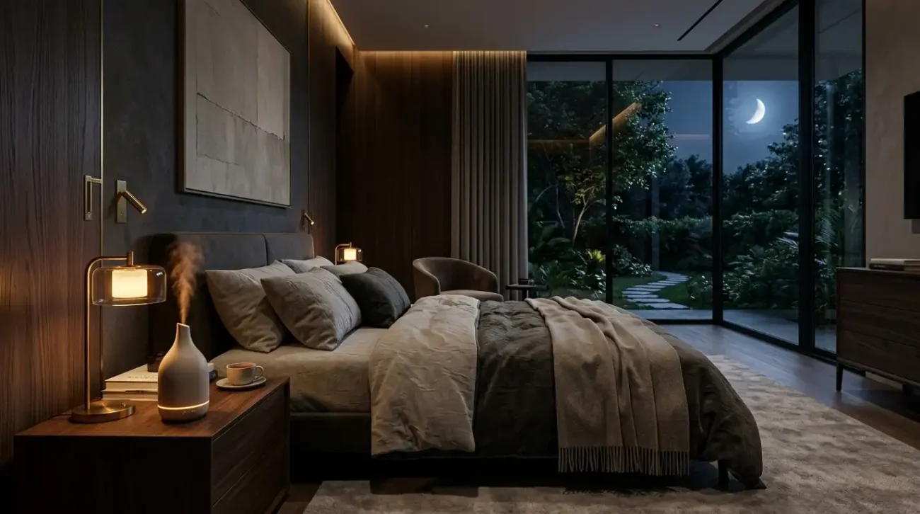 Sculptural ceramic scent diffuser on a dark wood bedside table in a moody luxury villa master bedroom.