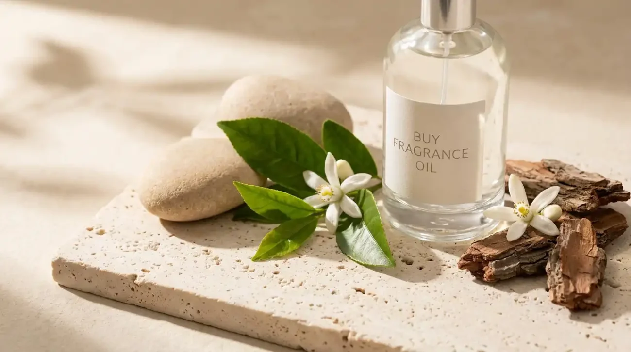Mineral stones, green tea leaves, neroli, and cedarwood bark next to a Buy Fragrance Oil room spray on a travertine surface.