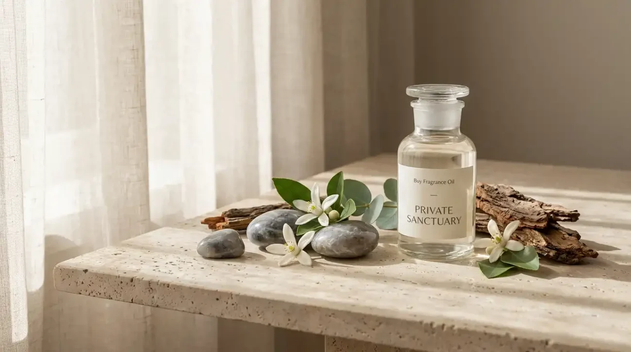 Mineral stones, neroli blossoms, eucalyptus, and cedarwood bark next to a Buy Fragrance Oil room spray on a travertine surface.