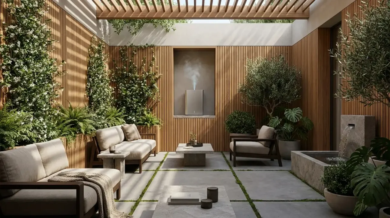 A minimalist shaded courtyard terrace with architectural wood slats and an integrated ambient scent diffuser in a luxury villa.