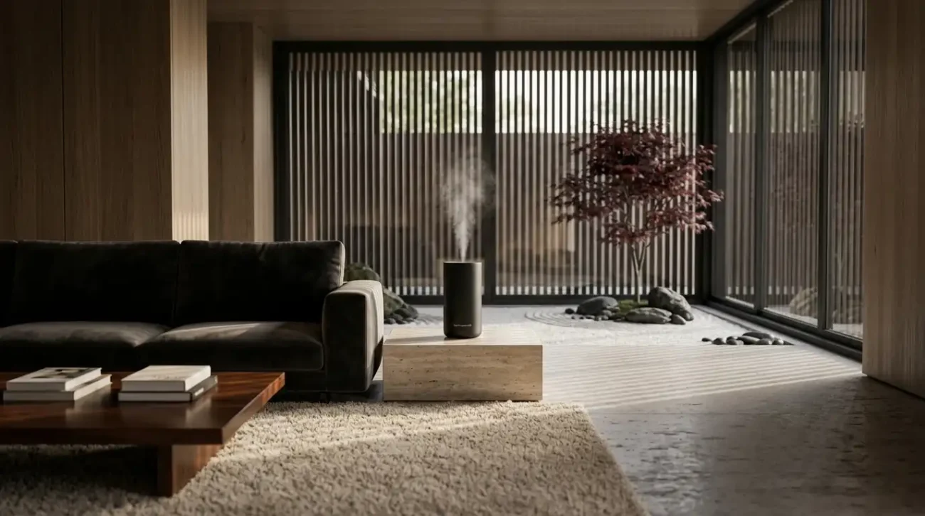 An elegant ambient scent diffuser placed between a luxury living room and an indoor zen garden, illustrating scent zoning.
