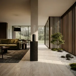 Scent Zoning Concepts for Modern Wellness Homes An elegant ambient scent diffuser placed between a luxury living room and an indoor zen garden, illustrating scent zoning.
