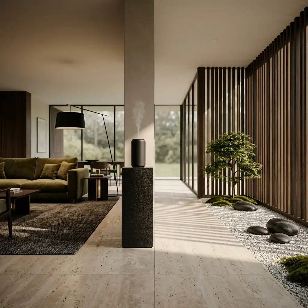 Scent Zoning Concepts for Modern Wellness Homes An elegant ambient scent diffuser placed between a luxury living room and an indoor zen garden, illustrating scent zoning.