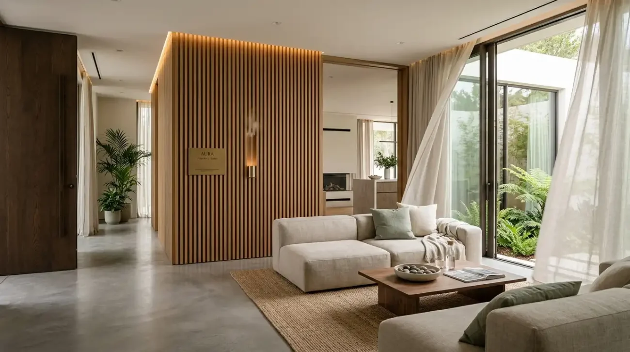 Minimalist decompression lounge with linen seating and an integrated scent diffuser in a luxury villa.
