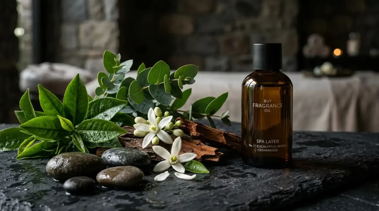 Green tea, eucalyptus, neroli blossoms, cedarwood, and mineral stones arranged next to an amber glass scent bottle.