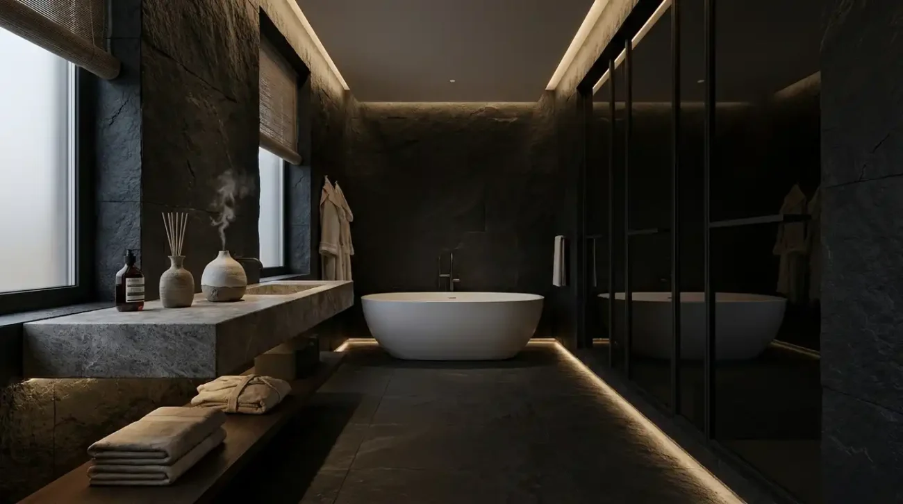 Ceramic room diffuser and amber glass oil bottle on a stone vanity in a dark slate luxury master bathroom.