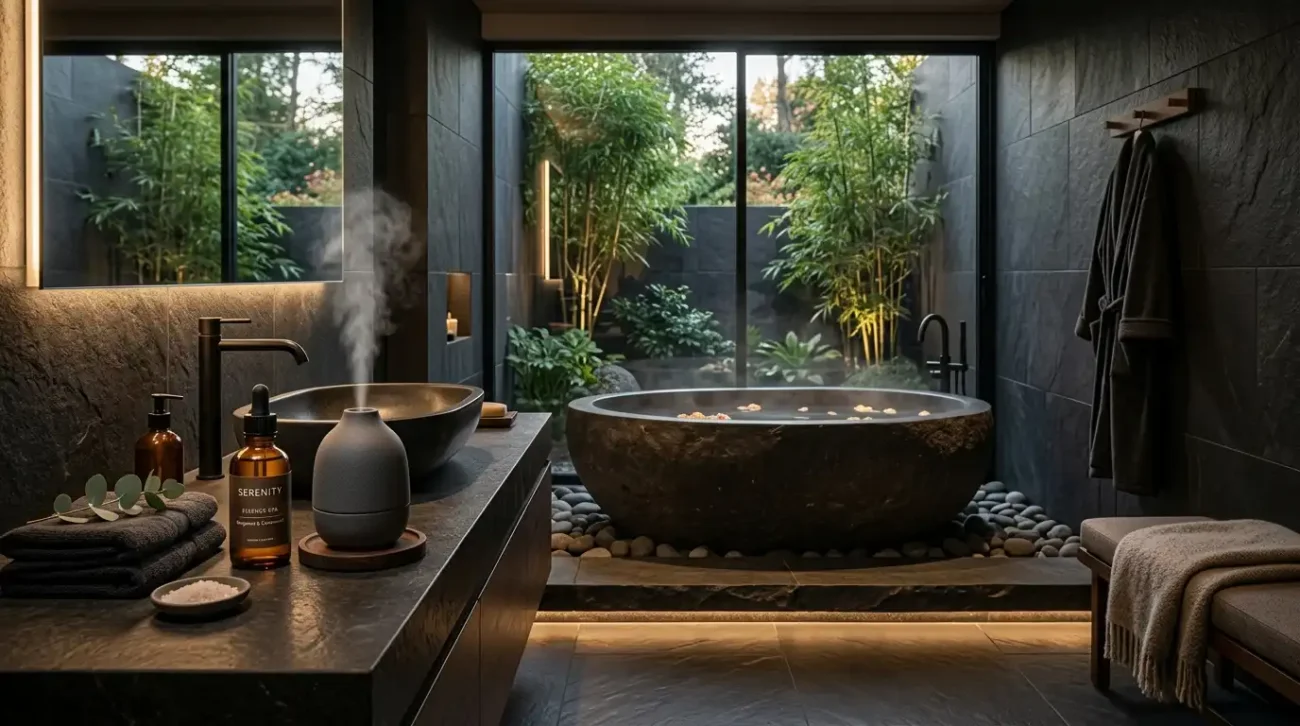 Ceramic room diffuser and essential oil bottle in a dark stone, spa-inspired luxury residential bathroom.