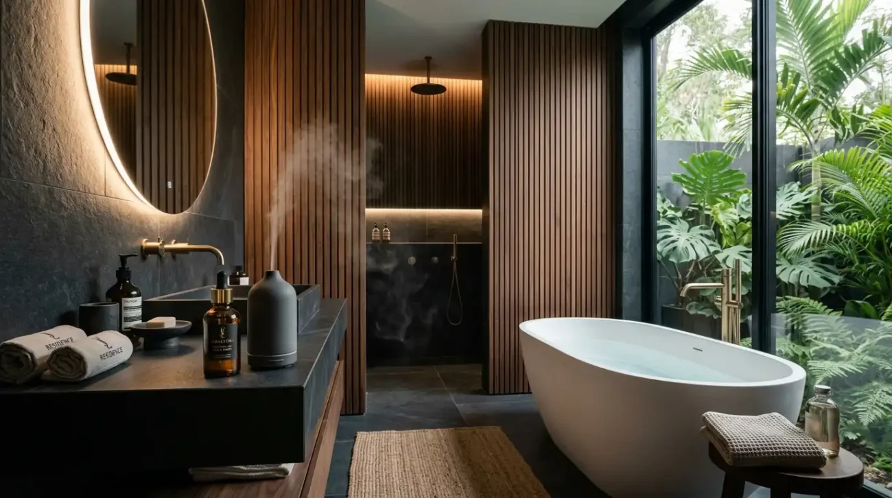 A ceramic scent diffuser and amber glass bottle in a dark stone, spa-inspired luxury bathroom with tropical greenery.