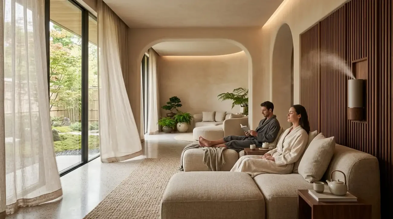 Integrated commercial ambient scent diffuser in a minimalist luxury spa meditation and relaxation lounge.