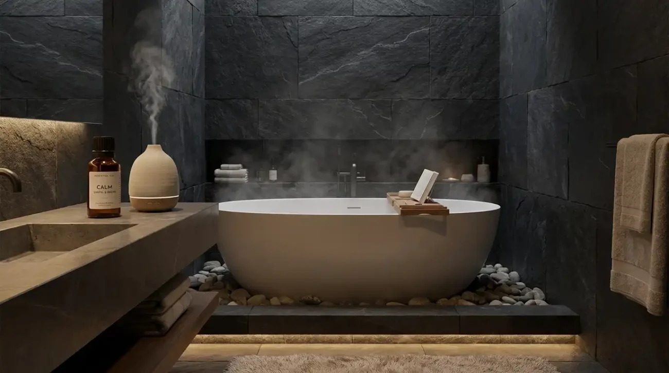 Ceramic room diffuser and amber glass bottle on a stone vanity in a dark slate luxury master bathroom.