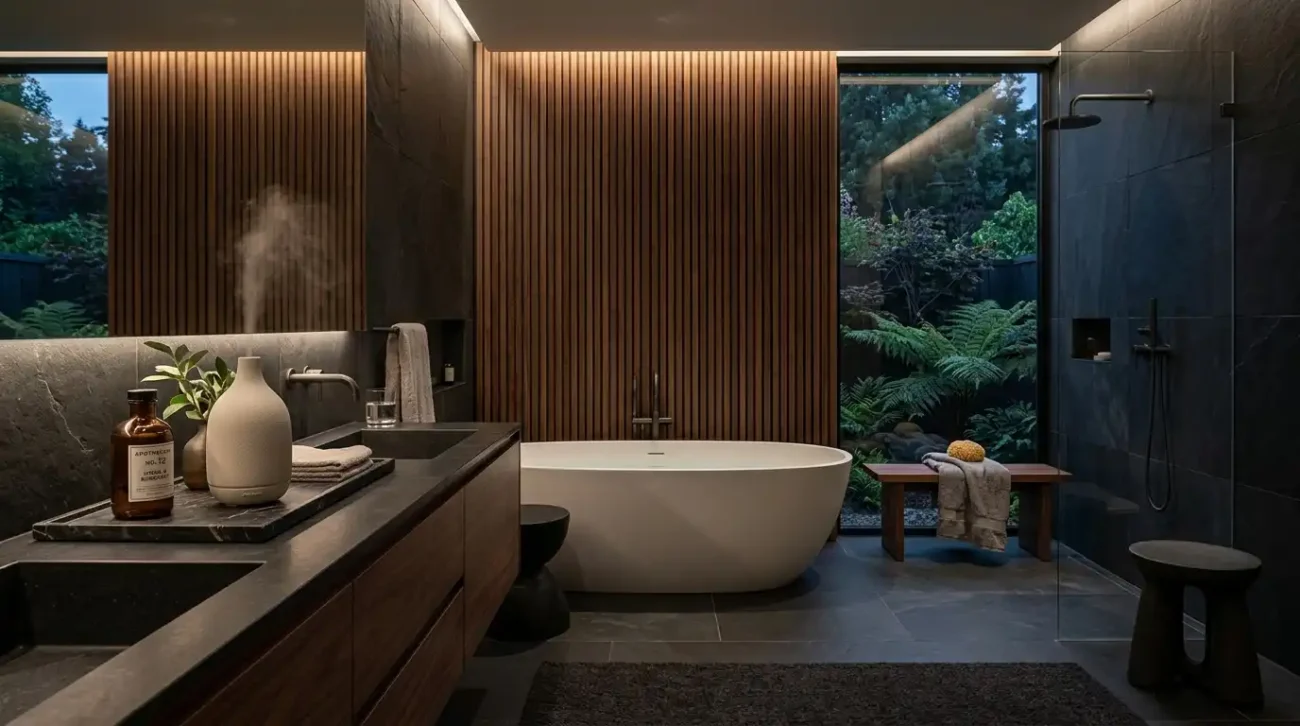 Premium essential oil bottle and ceramic diffuser in a dark stone, spa-inspired luxury master bathroom.