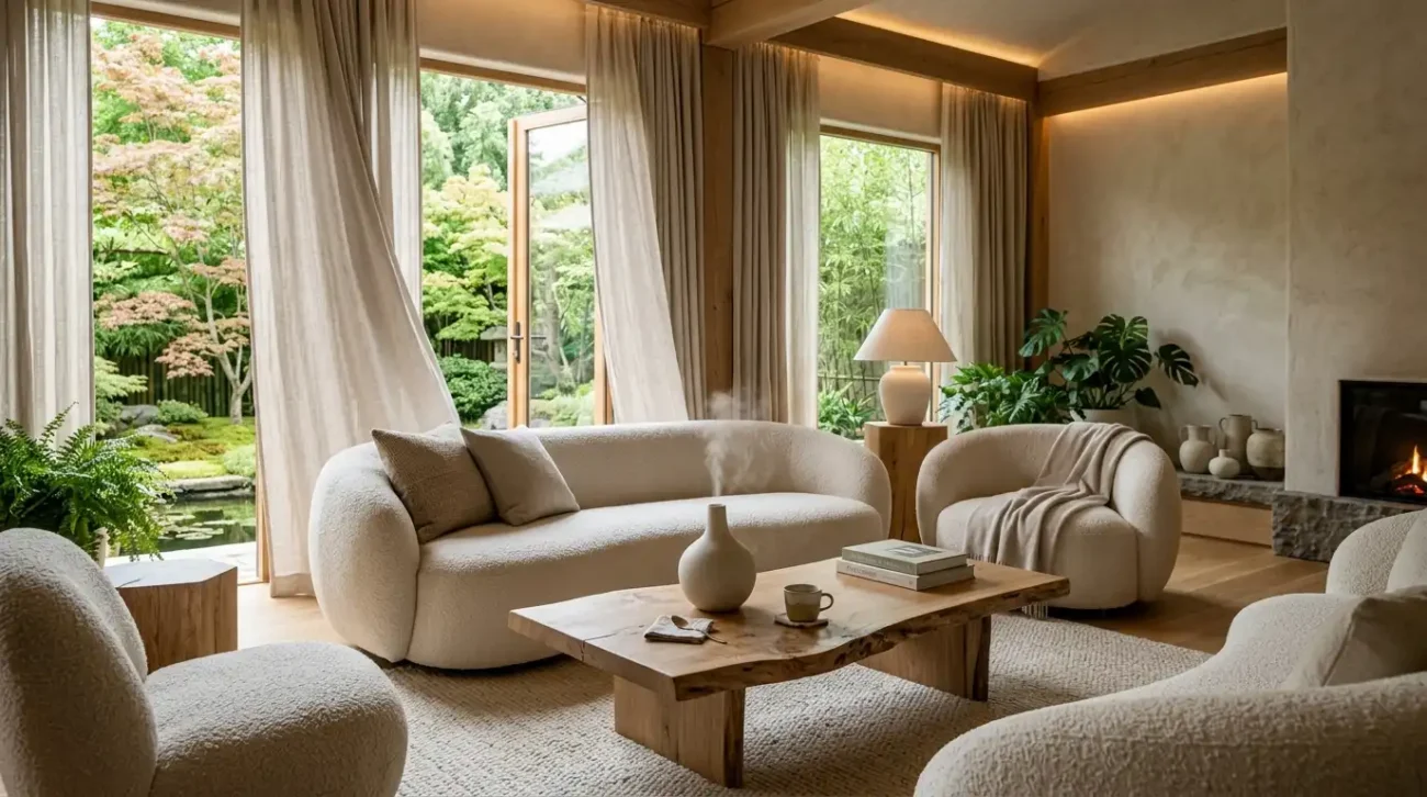 A sculptural ceramic room diffuser in a serene, tactile wellness lounge inside a luxury retreat.