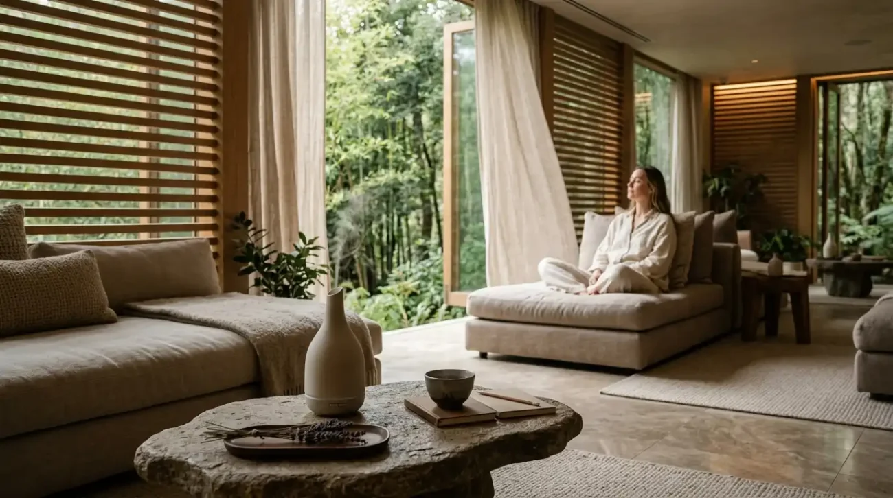A seamlessly integrated commercial scent device on a luxury resort outdoor relaxation terrace at dusk.