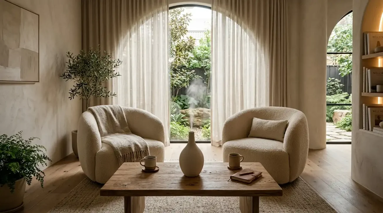 A sculptural ceramic room diffuser resting on a raw wood table in a serene, tactile luxury wellness lounge.