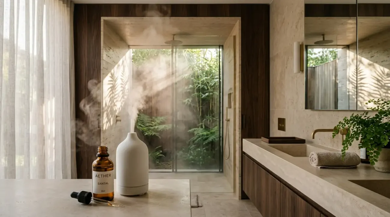 Spa-inspired luxury bathroom featuring natural stone and a minimalist essential oil diffuser.