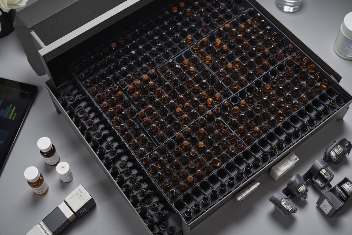 wholesale-perfume-oil-samples-business-kit-100-vials-02 An overhead flat lay of a business sample kit with 100 assorted 2ml perfume oil vials, a tablet, and custom packaging, designed for wholesale distributors and private label entrepreneurs.